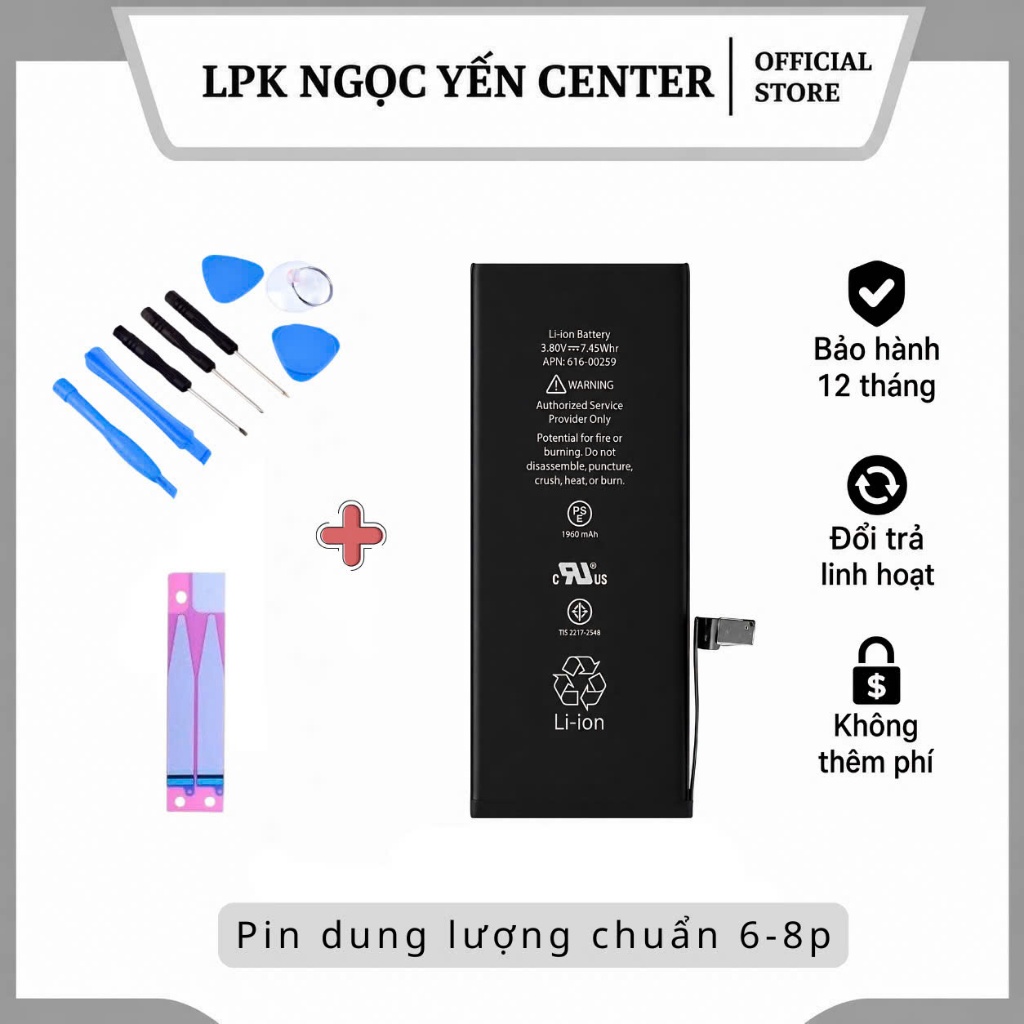 Pin dung lượng chuẩn cho máy 5, 5s, 6, 6S, 6P, 6SP, 7, 7P, 8, 8P,  chất lượng cao tặng kèm siu dán