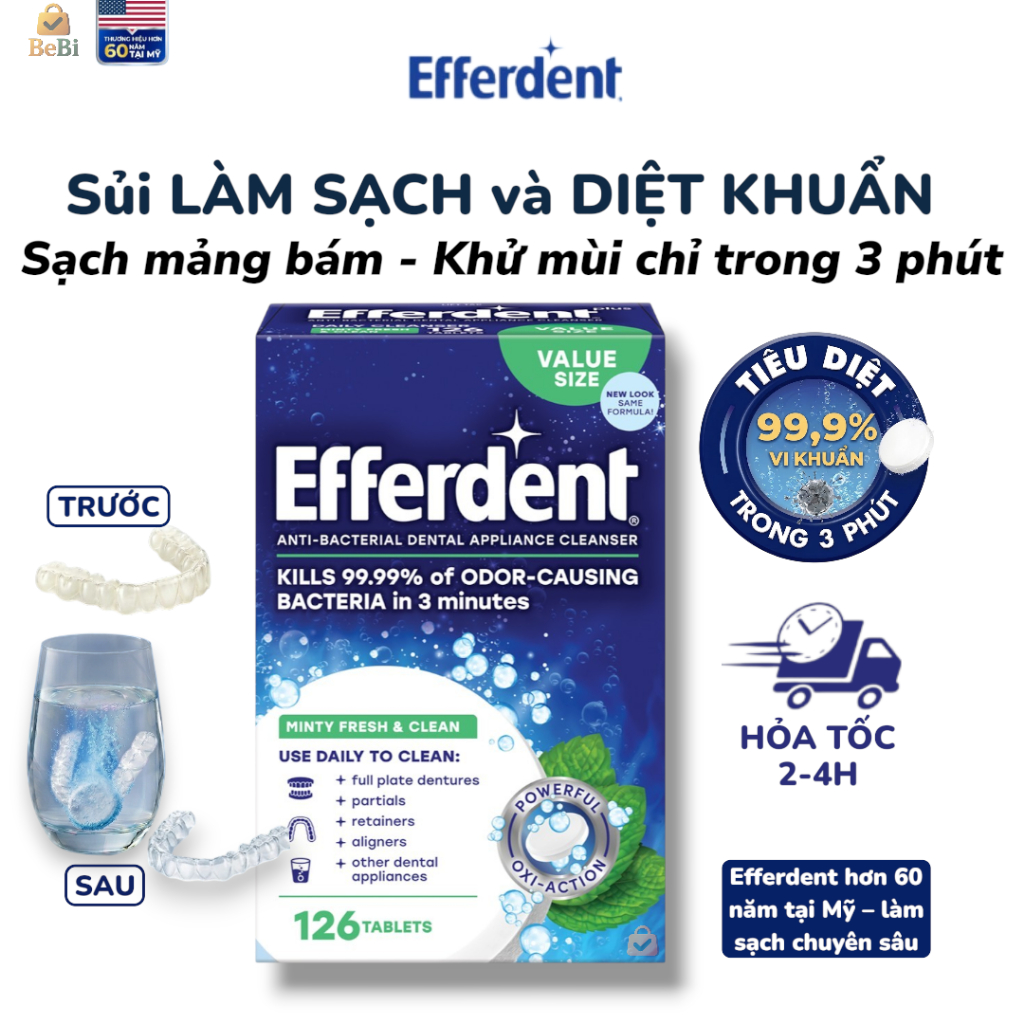 Viên Sủi Efferdent Làm Sạch Hàm Giả Răng Giả Khay Niềng Hàm Duy Trì Khí Cụ Nha Khoa Tháo Lắp