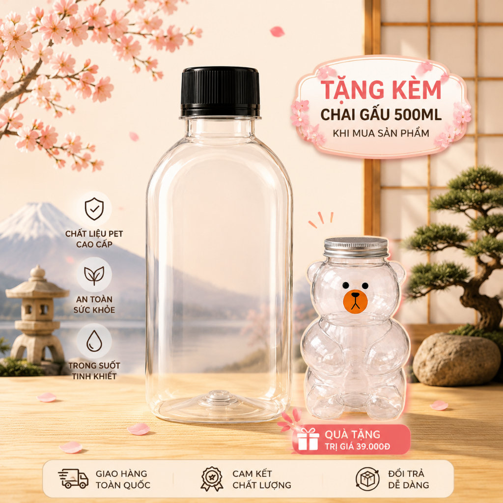 Combo 25 Chai Dẹp 220ml  Kèm Nắp Trắng/Đen – Chai Đựng Nước Ép, Trà Sữa, Detox, Sữa Hạt Take Away, Nhựa PET
