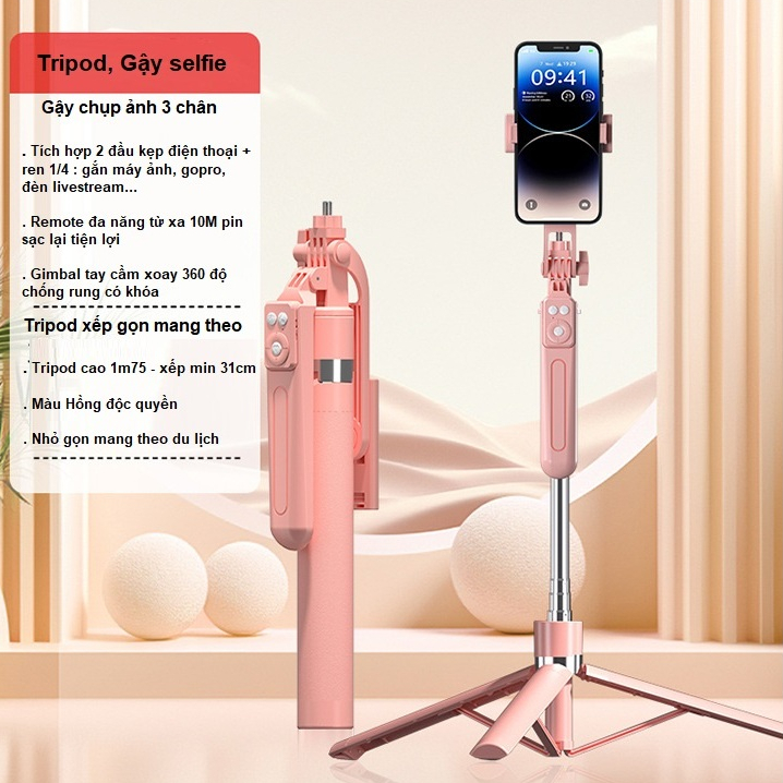 Gậy chụp ảnh selfie đa năng Tripod điện thoại 1m7 có tay cầm chống rung kèm remote bluetooth quay video, livstream từ xa