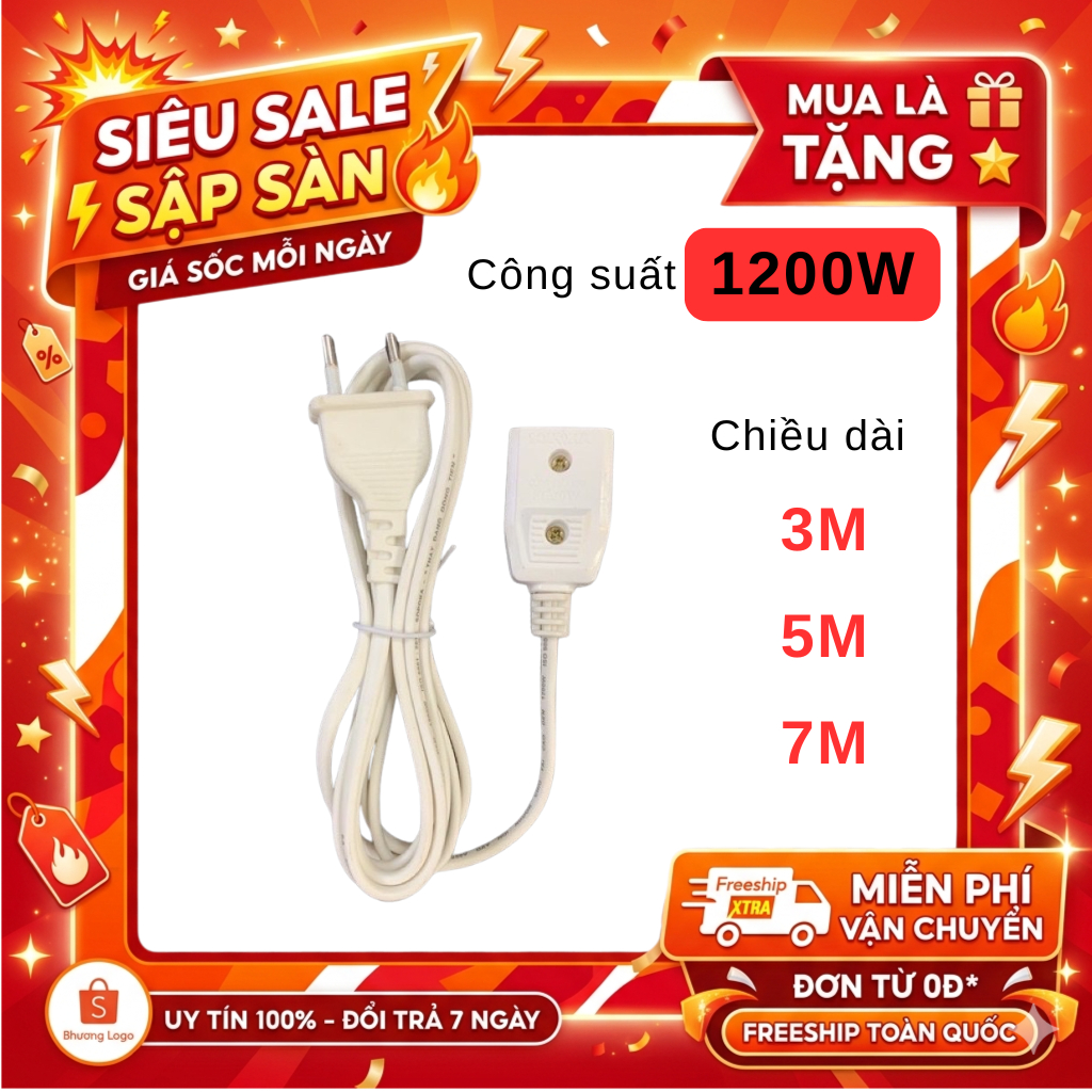 Phích nối liền dây, ổ cắm điện nối dài 3m 5m 1200W chịu tải cao an toàn gia dụng