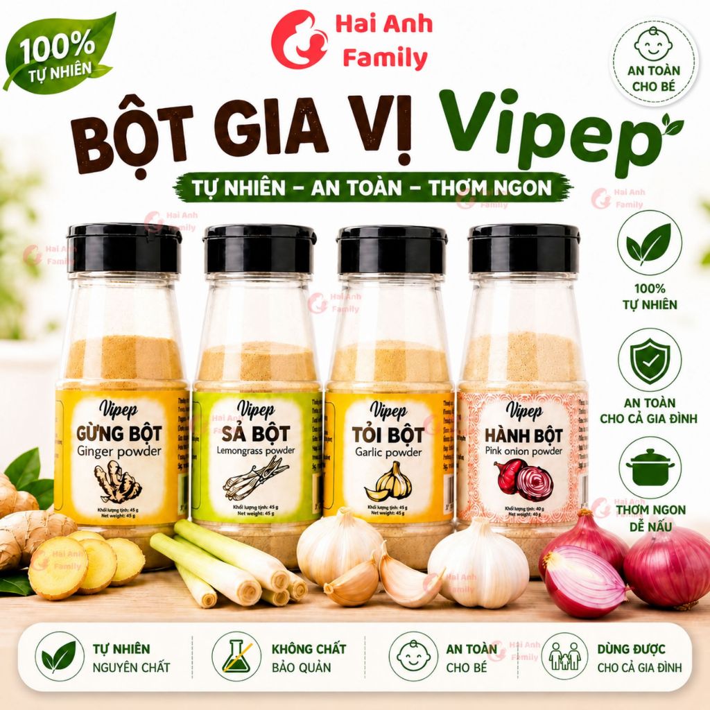 Bột gia vị VIPEP nấu ăn tồng hợp tự nhiên cho gia đình/hữu cơ cho bé ( Bột hành, bột tỏi, bột sả, bột nghệ…)