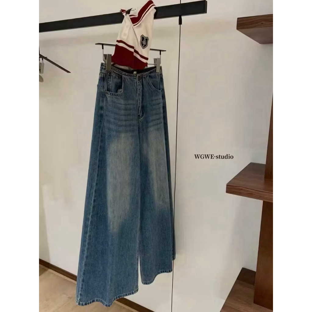 Quần jeans nữ suông ống rộng trơn không cạp siêu hot