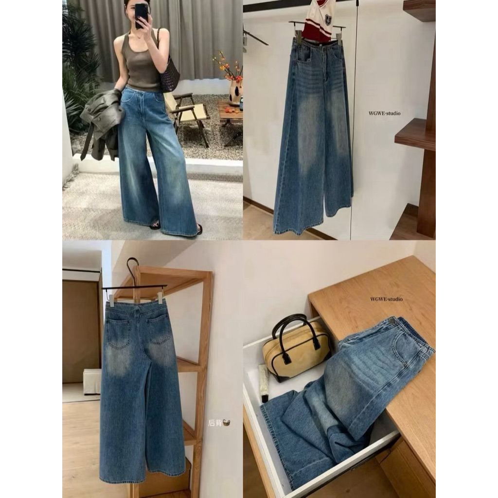 Quần jean ống rộng thiết kế không cạp phong cách retro
