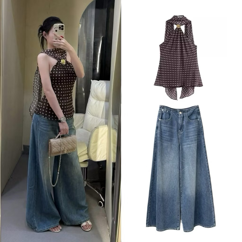 Quần jeans nữ suông ống rộng trơn không cạp siêu hot