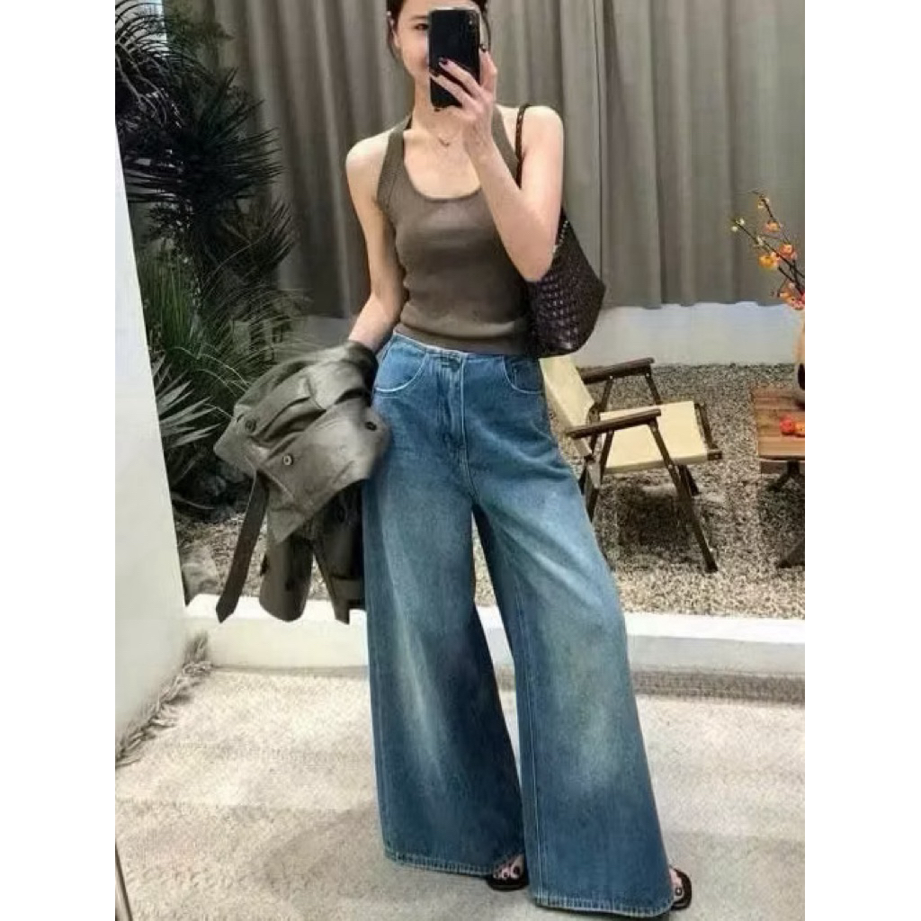 Quần jean ống rộng thiết kế không cạp phong cách retro