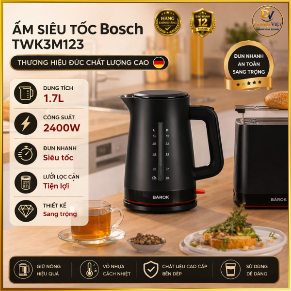 Ấm siêu tốc BOSCH TWK3M123 màu đen, Bình đun siêu tốc cao cấp sang trọng, HÀNG ĐỨC NHẬP KHẨU