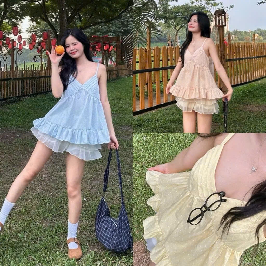Áo 2 dây bí chất gió dáng xoè bèo mặc đi biển đi chơi  xinh xắn dễ thương Joolate Ao1800