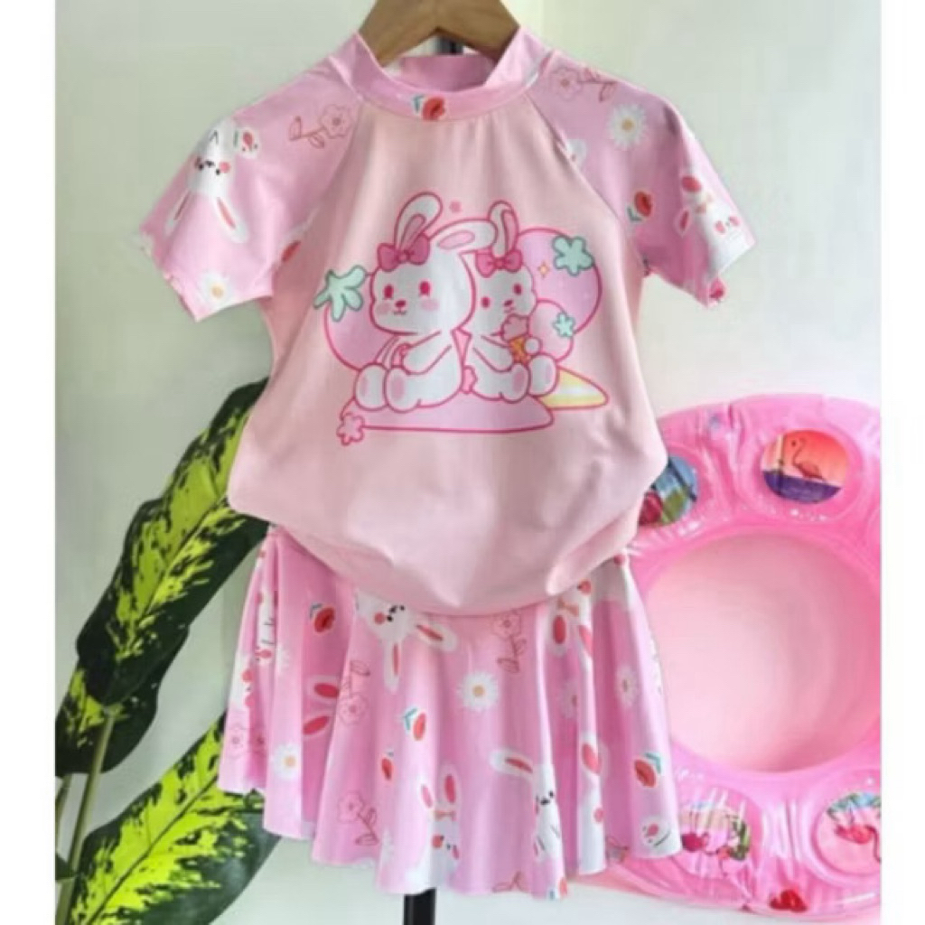 Đồ bơi cho bé gái 2 mảnh sz 8-40kg, Đồ bơi bé gái áo+chân váy, bikini cho bé gái hoạ tiết 2 chú thỏ
