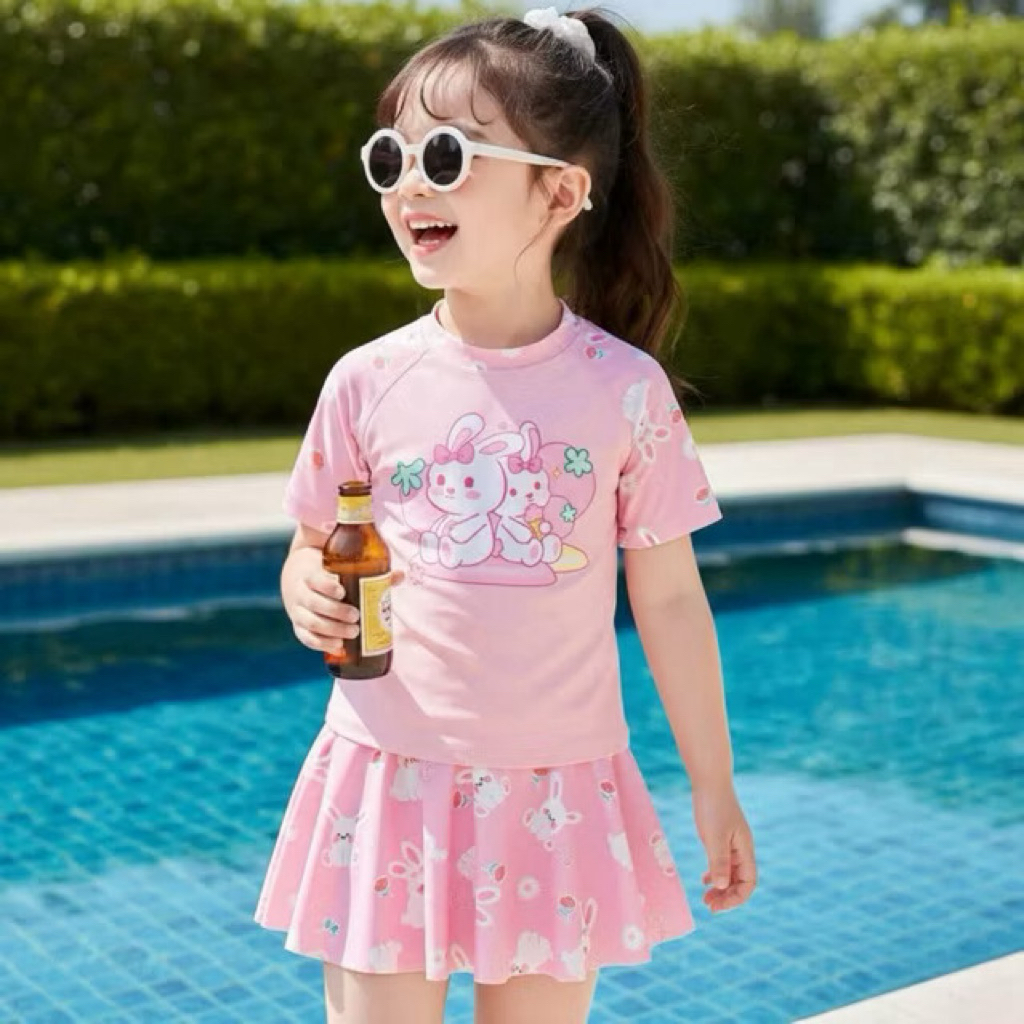 Đồ bơi cho bé gái 2 mảnh sz 8-40kg, Đồ bơi bé gái áo+chân váy, bikini cho bé gái hoạ tiết 2 chú thỏ