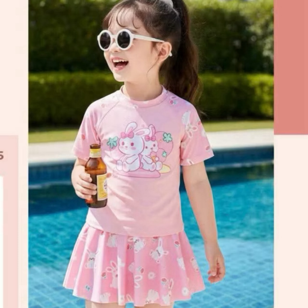 Đồ bơi cho bé gái 2 mảnh sz 8-40kg, Đồ bơi bé gái áo+chân váy, bikini cho bé gái hoạ tiết 2 chú thỏ