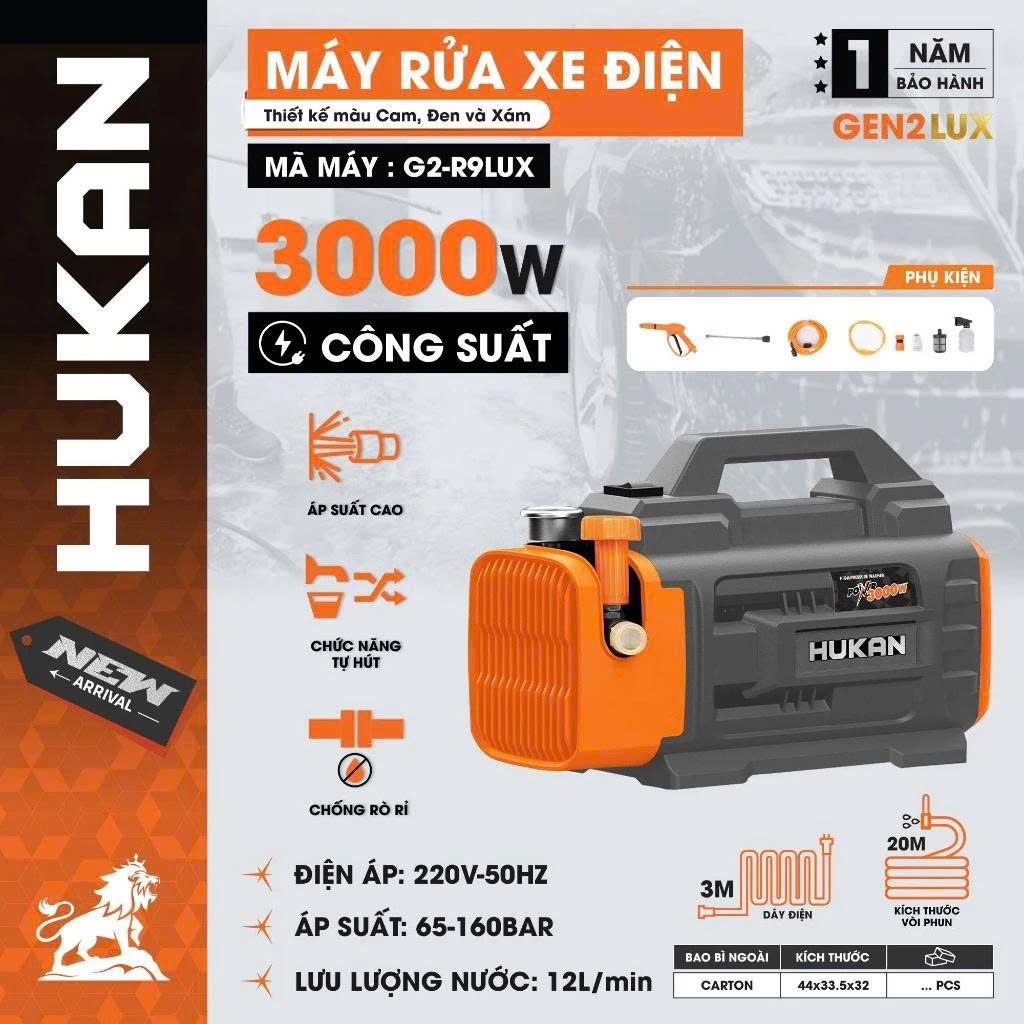 Máy rửa xe chỉnh cao áp HUKAN G2-R9LUX, Công suất 3000W, Motor dây đồng 100% - Xịt rửa sân vườn ô tô
