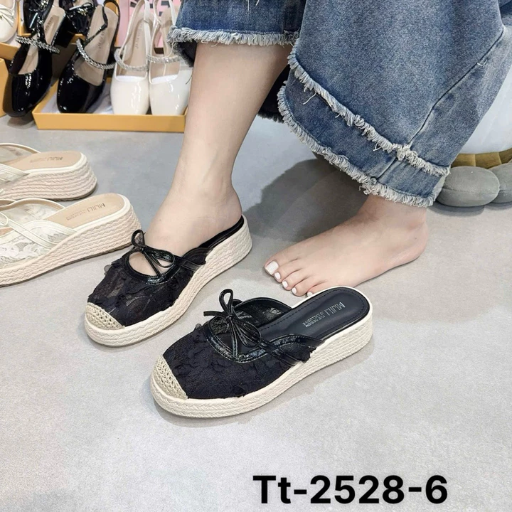 {Sẵn - SỤC LÙI Size} SỤC NỮ Giày Sục Nữ Vải Ren Hoa Đế Cao 5CM đế cao su không thấm nước vân cói cách đIệu 2528-5 SỤC