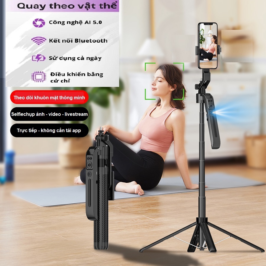 Gậy Selfie quay video 1 mình kim Tripod 4 chân 1m8 có Gimbal camera AI cảm biến nhận diện khuôn mặt theo dõi chuyển động