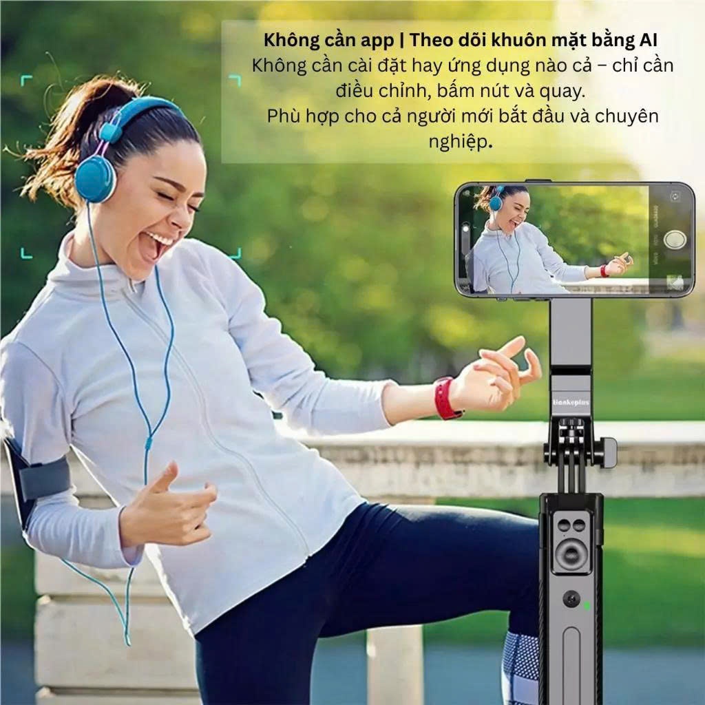 Gậy Selfie quay video 1 mình kim Tripod 4 chân 1m8 có Gimbal camera AI cảm biến nhận diện khuôn mặt theo dõi chuyển động