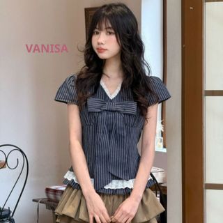 Áo sơ mi nữ cổ v phối ren babydoll có dây buộc eo xinh ngắn tay chất voan mềm xanh trắng VANISA SMS565