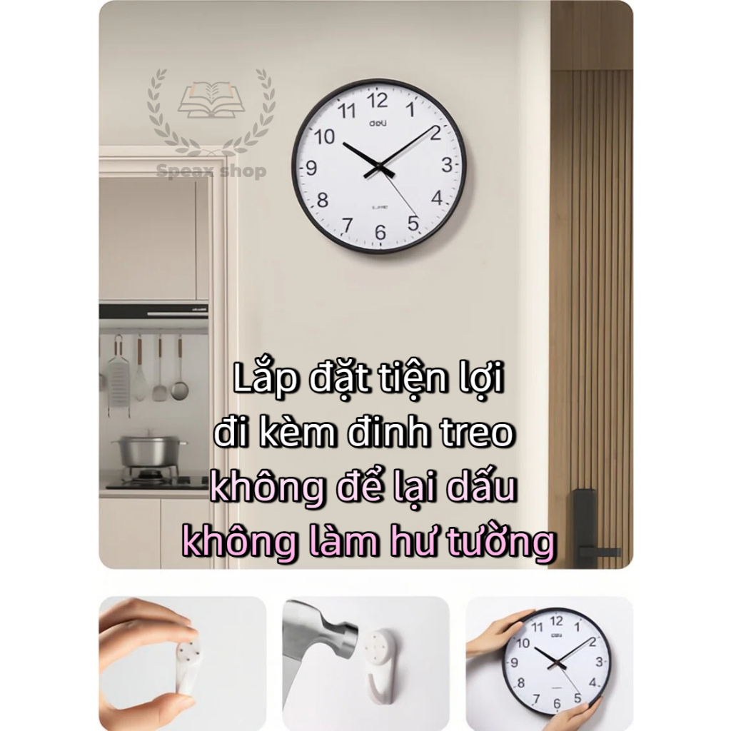 Đồng Hồ Treo Tường Không Ồn Deli Kim Trôi Mặt Số Tối Giản Màu Trắng Đen Vàng Trang Trí Phòng Khách Phòng Ngủ Văn Phòng
