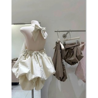 Set Bộ Đồ Nữ Gió Phồng Áo Yếm 2 Lớp Gấu Bí Dây Nơ Cổ Chun Lưng Mix Chân Váy Bí Phồng