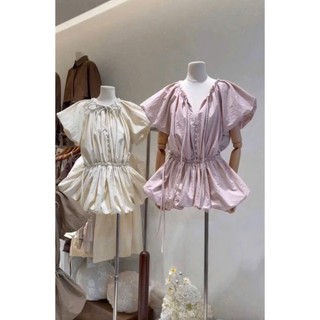 váy kiểu babydoll cổ V nhún bèo bo chun eo tạo form xòe phồng tay ngắn phồng