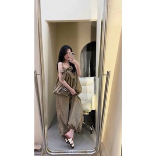 Set Bộ Đồ Nữ Gió Thô Áo Quây Bí Phồng Kèm Dây Nơ NGực Mix Quần Dài Boom Gấu