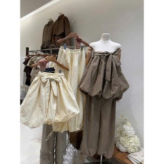 Set Bộ Đồ Nữ Gió Thô Áo Quây Bí Phồng Kèm Dây Nơ NGực Mix Quần Dài Boom Gấu