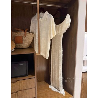 bộ đồ đôi Đầm ren body dáng dài trễ vai viền bèo ngực quyến rũ đầm maxi ren và áo nam polo