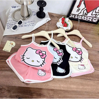 Set Bộ Mèo Kitty Cho Bé Gái Chất Thun Tăm Mềm Mát – Áo Hai Dây Kèm Quần Đùi Viền Màu 3 Màu Đen Hồng Kem [M57]
