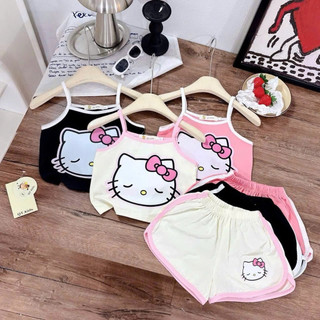 Set Bộ Mèo Kitty Cho Bé Gái Chất Thun Tăm Mềm Mát – Áo Hai Dây Kèm Quần Đùi Viền Màu 3 Màu Đen Hồng Kem [M57]