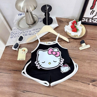 Set Bộ Mèo Kitty Cho Bé Gái Chất Thun Tăm Mềm Mát – Áo Hai Dây Kèm Quần Đùi Viền Màu 3 Màu Đen Hồng Kem [M57]