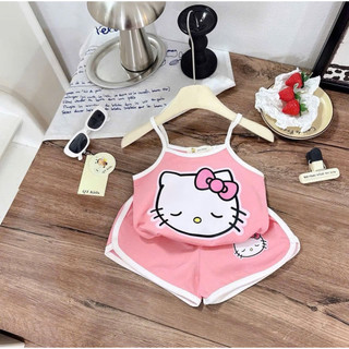 Set Bộ Mèo Kitty Cho Bé Gái Chất Thun Tăm Mềm Mát – Áo Hai Dây Kèm Quần Đùi Viền Màu 3 Màu Đen Hồng Kem [M57]