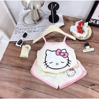 Set Bộ Mèo Kitty Cho Bé Gái Chất Thun Tăm Mềm Mát – Áo Hai Dây Kèm Quần Đùi Viền Màu 3 Màu Đen Hồng Kem [M57]