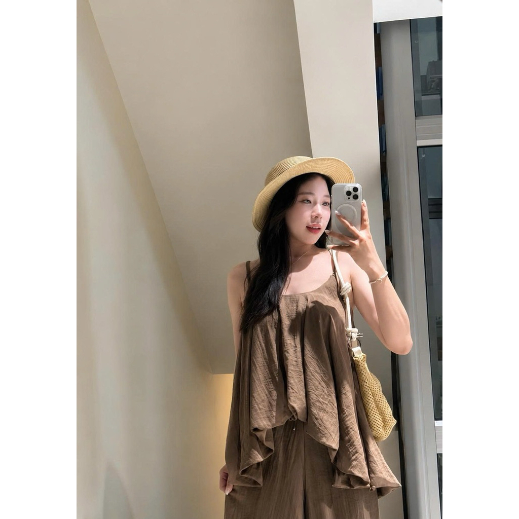Set Áo Hai Dây + Quần Suông Ống Rộng Linen Hàn Quốc