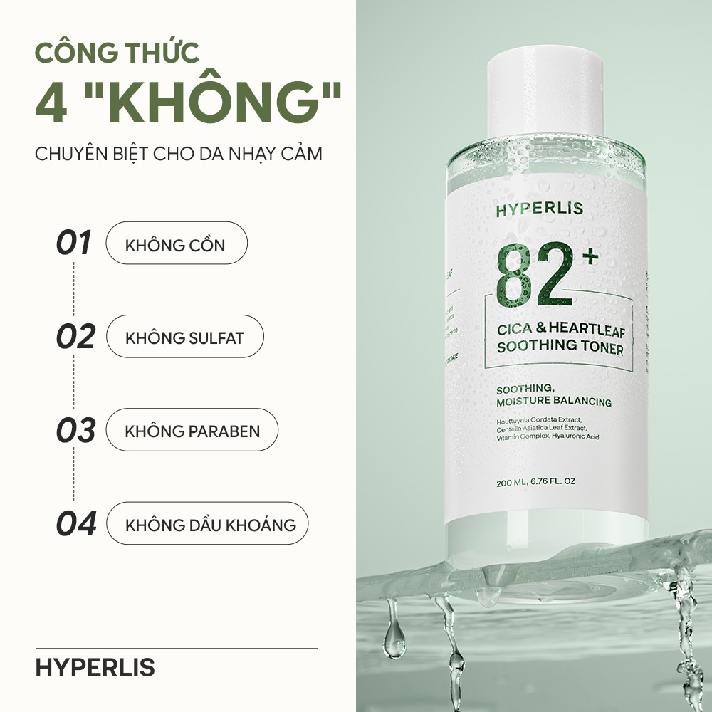Nước Cân Bằng Dịu Da HYPERLIS 82+ CICA & HEARTLEAF SOOTHING TONER Cấp Ẩm Da Nhạy Cảm Chai 200ml