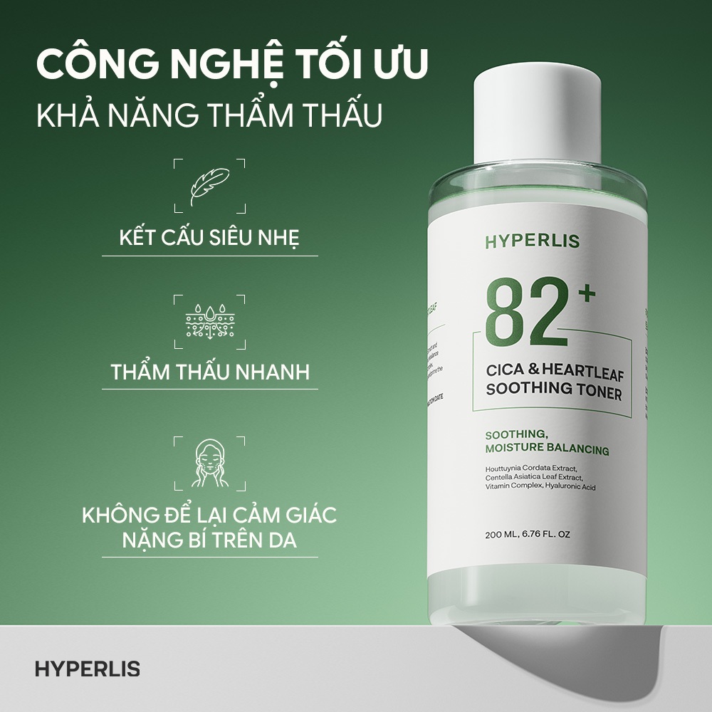 Nước Cân Bằng Dịu Da HYPERLIS 82+ CICA & HEARTLEAF SOOTHING TONER Cấp Ẩm Da Nhạy Cảm Chai 200ml