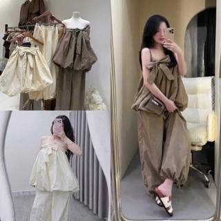 Set Bộ Đồ Nữ Gió Thô Áo Quây Bí Phồng Kèm Dây Nơ NGực Mix Quần Dài Boom Gấu