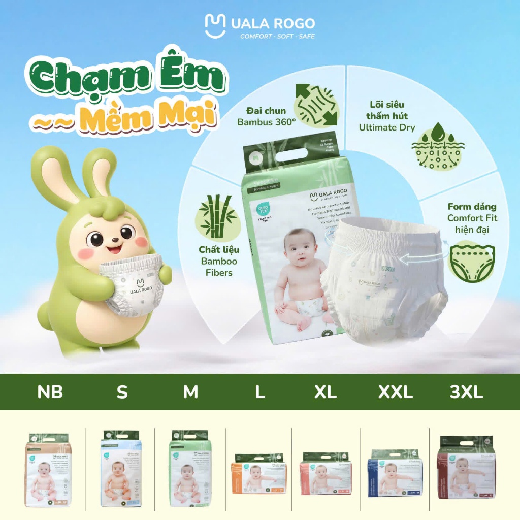 Bỉm quần UALA ROGO Bamboo Cao Cấp – Siêu Mềm Mại, Thấm Hút Ultimate Dry, Co Giãn 360° (NB/S/M/L/XL/XXL/3XL)