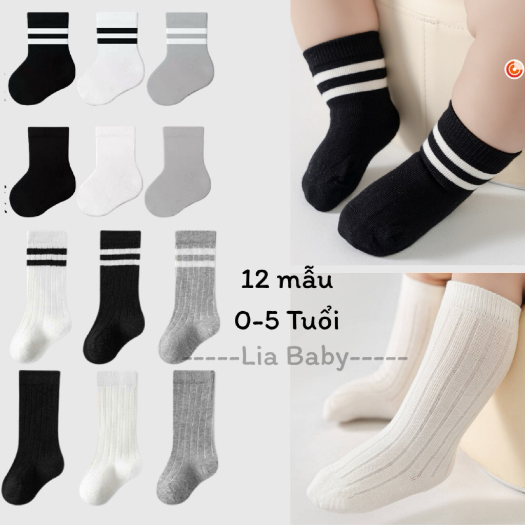 Tất cổ cao basic trắng đen xám kẻ sọc thể thao cho bé trai bé gái - Vớ trẻ em mềm mịn đơn giản cho trẻ em [BTC01]