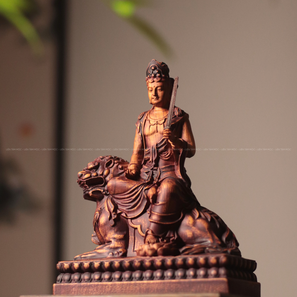 Tượng Văn Thù Sư Lợi Bồ Tát, Gỗ Hương Nguyên Khối Cao 25cm, Thủ Công, Tinh Xảo, Thờ Cúng Tâm Linh, Trang Trí Phòng Thờ
