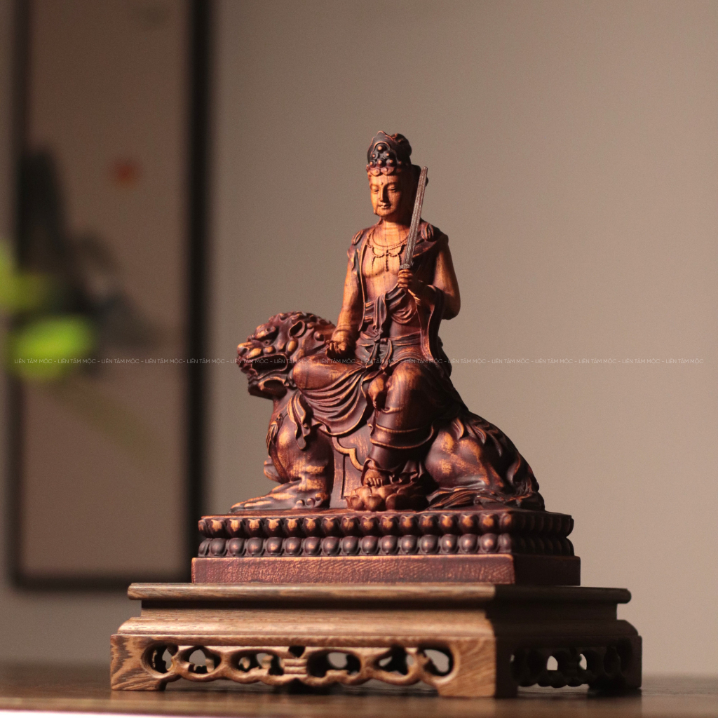 Tượng Văn Thù Sư Lợi Bồ Tát, Gỗ Hương Nguyên Khối Cao 25cm, Thủ Công, Tinh Xảo, Thờ Cúng Tâm Linh, Trang Trí Phòng Thờ