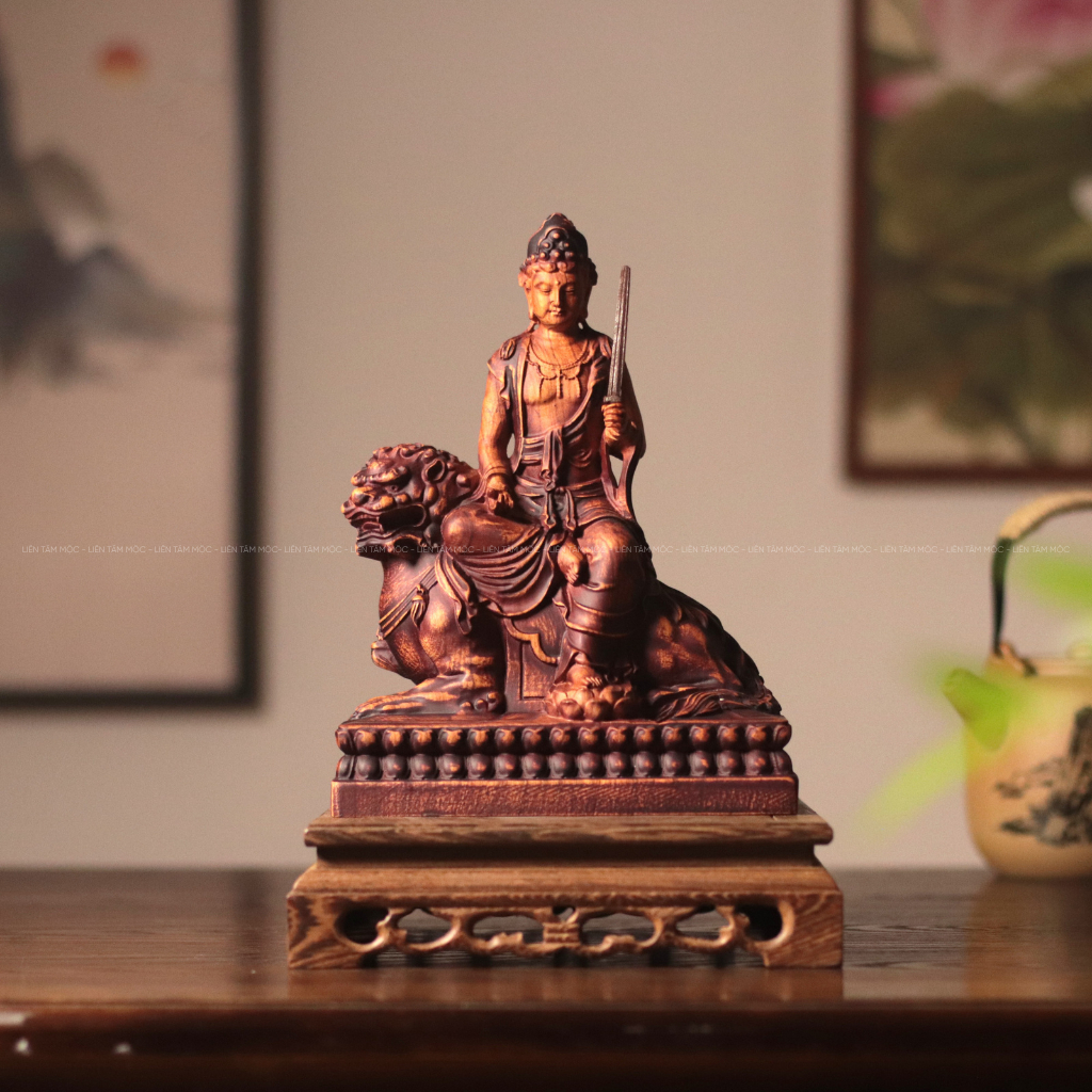 Tượng Văn Thù Sư Lợi Bồ Tát, Gỗ Hương Nguyên Khối Cao 25cm, Thủ Công, Tinh Xảo, Thờ Cúng Tâm Linh, Trang Trí Phòng Thờ