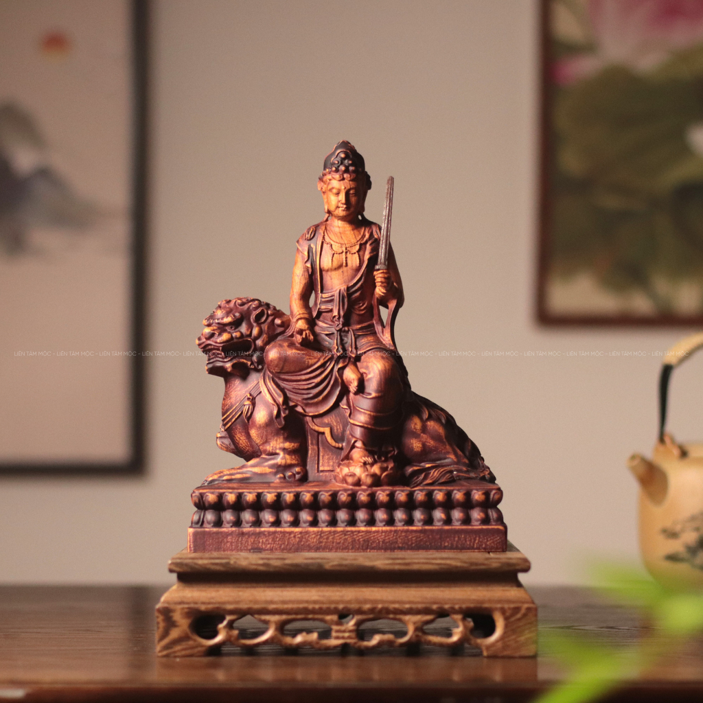 Tượng Văn Thù Sư Lợi Bồ Tát, Gỗ Hương Nguyên Khối Cao 25cm, Thủ Công, Tinh Xảo, Thờ Cúng Tâm Linh, Trang Trí Phòng Thờ