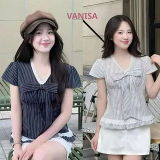 Áo sơ mi nữ cổ v phối ren babydoll có dây buộc eo xinh ngắn tay chất voan mềm xanh trắng VANISA SMS565