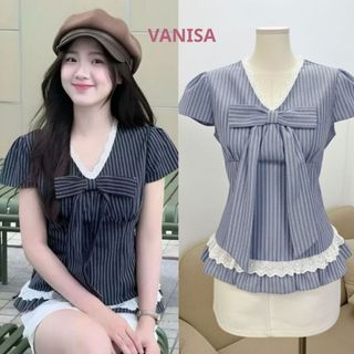 Áo sơ mi nữ cổ v phối ren babydoll có dây buộc eo xinh ngắn tay chất voan mềm xanh trắng VANISA SMS565