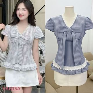 Áo nữ ngắn tay cổ v phối ren dáng babydoll bánh bèo chất voan mềm xanh trắng VANISA SMS565