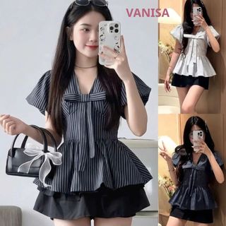 Áo sơ mi babydoll ngắn tay cổ tim phối nơ bánh bèo chiết eo trắng xanh đậm VANISA SMS101