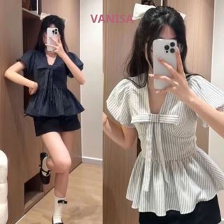 Áo babydoll nữ cổ v phối nơ ngắn tay chiết eo xinh chất voan mềm 2 màu VANISA SMS101