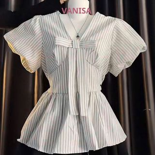 Áo babydoll nữ cổ v phối nơ ngắn tay chiết eo xinh chất voan mềm 2 màu VANISA SMS101
