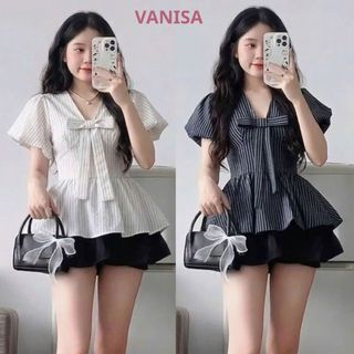 Áo babydoll nữ cổ tim đính nơ tay bồng chiết eo sọc dọc trắng xanh đậm tiểu thư VANISA SMS101