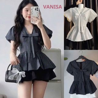 Áo babydoll nữ cổ v phối nơ ngắn tay chiết eo xinh chất voan mềm 2 màu VANISA SMS101