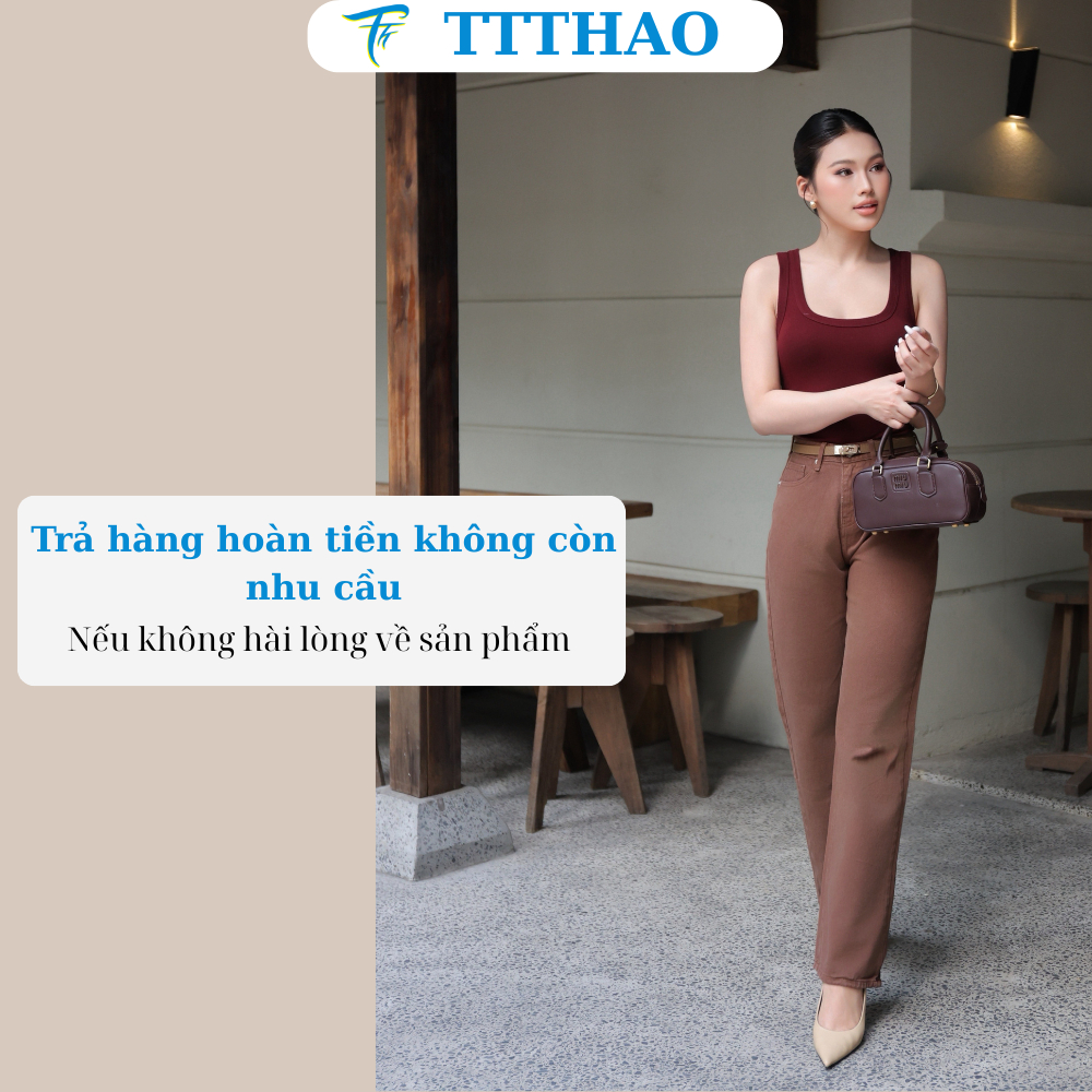 Quần jeans nữ TTTHAO ống rộng dài 102cm cao cấp  lưng cao 100% jeans cotton không co giãn J24